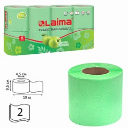 Бумага туалетная бытовая, спайка 8 шт., 2-х слойная, (8х19 м), LAIMA, аромат яблока, 128723 - фото 11014735