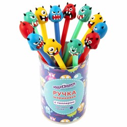 Ручка с топпером шариковая ЮНЛАНДИЯ "Монстрик", корпус ассорти, СИНЯЯ, пишущий узел 0,7 мм, 143798 - фото 11028198