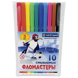 Фломастеры 10 ЦВЕТОВ CENTROPEN "Пингвины", смываемые, вентилируемый колпачок, 7790/10ET, 7 7790 1086 - фото 11028511