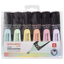 Набор текстовыделителей BRAUBERG 6 шт., АССОРТИ, "EXTRA PASTEL", прорезиненный корпус, линия 1-5 мм, 151757 - фото 11033577