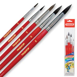 Кисти ПИФАГОР, набор 5 шт. (БЕЛКА: круглая № 3; КОЗА: круглые № 6, 8; ПОНИ: круглые № 2, 5), пакет с европодвесом, 200231 - фото 11045930