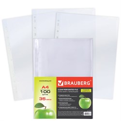 Папки-файлы перфорированные А4 BRAUBERG "PREMIUM", комплект 100 шт., гладкие, "Яблоко", 35 мкм, 221710 - фото 11050567