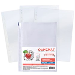 Папки-файлы перфорированные, А4, ОФИСМАГ "ПРЕМИУМ", комплект 100 шт., гладкие, 38 мкм, 224601 - фото 11053857