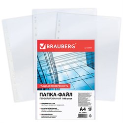 Папки-файлы перфорированные, А4, BRAUBERG "STANDARD", комплект 100 шт., гладкие, 45 мкм, 226831 - фото 11057519