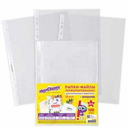 Папки-файлы перфорированные А4 ЮНЛАНДИЯ, КОМПЛЕКТ 100 шт., гладкие, 35 мкм, 228680 - фото 11064019