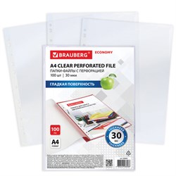 Папки-файлы перфорированные А4 BRAUBERG "ECONOMY", КОМПЛЕКТ 100 шт., гладкие, 30 мкм, 229659 - фото 11068396