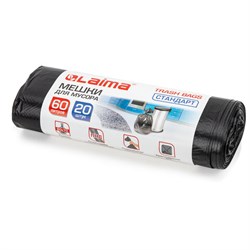 Мешки для мусора 60 л, черные, в рулоне 20 шт., ПНД 11 мкм, 60х70 см, LAIMA стандарт, 601381 - фото 11121454