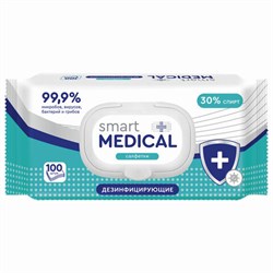 Дезинфицирующие салфетки спиртовые 100 штук SMART MEDICAL, крышка-клапан, 72029 - фото 11136568