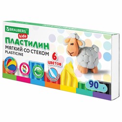 Пластилин мягкий восковой BRAUBERG KIDS, 6 цветов, 90 г, со стеком, 106493 - фото 11180121