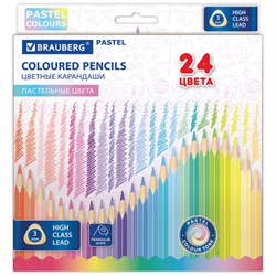 Карандаши цветные BRAUBERG PASTEL, 24 пастельных цвета, трехгранные, грифель 3 мм, натуральное дерево, 181851 - фото 11205200