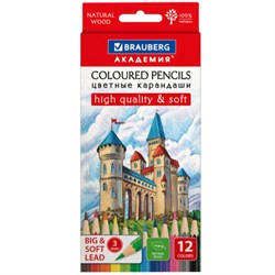 Карандаши цветные мягкие BRAUBERG АКАДЕМИЯ, 12 цветов, шестигранные, грифель 3 мм, натуральное дерево, 181864 - фото 11205214