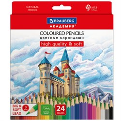 Карандаши цветные мягкие BRAUBERG АКАДЕМИЯ, 24 цвета, шестигранные, грифель 3 мм, натуральное дерево, 181866 - фото 11205218