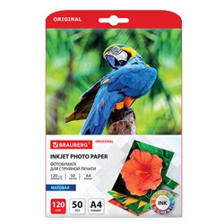 Фотобумага матовая, А4, 120 г/м2, односторонняя, 50 листов, BRAUBERG ORIGINAL, 363981 - фото 11215310