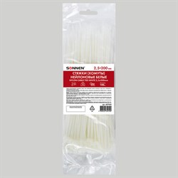 Стяжка (хомут) нейлоновая сверхпрочная POWER LOCK, 2,5х200 мм, КОМПЛЕКТ 100 шт., белая, SONNEN, 607920 - фото 11223333