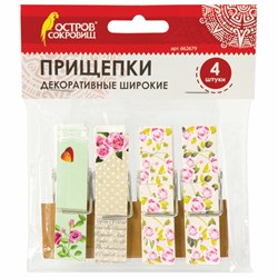 Прищепки декоративные широкие "Шебби-шик", 4 штуки, 7,2 см, ассорти, ОСТРОВ СОКРОВИЩ, 662679 - фото 11267204