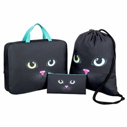 Папка на молнии с ручками А4, мешок для обуви 42х33 см, пенал 20х10 см, "Black cat" НАБОР BRAUBERG, 271434 - фото 11359367