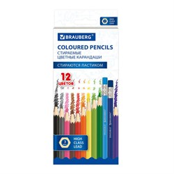 Карандаши цветные стираемые с ластиком BRAUBERG ERASABLE, 12 цветов, шестигранные, грифель 3 мм, натуральное дерево, 181932 - фото 11702733