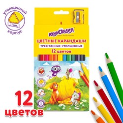 Карандаши цветные утолщенные ЮНЛАНДИЯ "СКАЗОЧНЫЙ МИР", 12 цветов + ТОЧИЛКА, трехгранные, грифель 5 мм, натуральное дерево, 181370 - фото 13104354