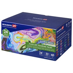 Краски акриловые для техники "Флюид Арт" (POURING PAINT), НАБОР 22 цвета, 24 штуки по 60 мл, BRAUBERG ART, 192237 - фото 13105236