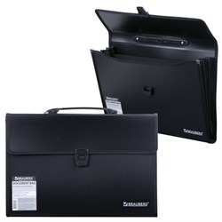 Папка-портфель пластиковая BRAUBERG А4+ (390х260х40 мм), 3 отделения, фактура линейная, черная, 221389 - фото 13106217