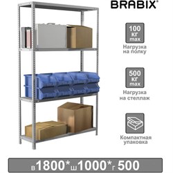 Стеллаж металлический BRABIX "MS KD-180/50-4", 1800х1000х500 мм, 4 полки, сборная стойка, 291116, S240BR145402 - фото 13114217
