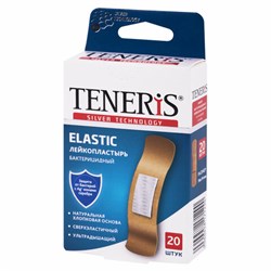 Набор пластырей 20 шт. TENERIS ELASTIC, эластичный, на тканевой основе, бактерицидный с ионами серебра, коробка с европодвесом, 0208-029 - фото 13132847