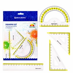 Набор чертежный малый BRAUBERG "FRESH ZONE" (линейка 15 см, 2 треугольника, транспортир), желтая шкала, 210762 - фото 13571120