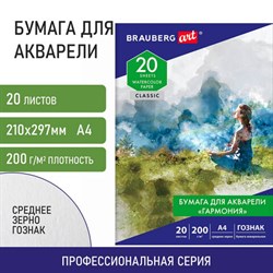 Папка для акварели А4, 20 л., "ГАРМОНИЯ", зерно, 200 г/м2, бумага ГОЗНАК, BRAUBERG ART CLASSIC, 112320 - фото 13588646