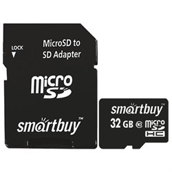 Карта памяти micro SDHC, 32 GB, SMARTBUY, 10 Мб/сек. (class 10), с адаптером, SB32GBSDCL10-01 - фото 13595158