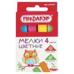 Мел цветной квадратный 4 штуки, ПИФАГОР, картонная упаковка, европодвес, 221977 - фото 13601592