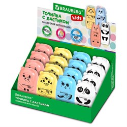 Точилка с ластиком 2 в 1 BRAUBERG KIDS "Зверушки", 2 отверстия, дизайн ассорти, 271989 - фото 13643694