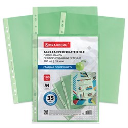 Папки-файлы перфорированные ЗЕЛЕНЫЕ А4 BRAUBERG, комплект 100 шт., гладкие, 35 мкм, 272676 - фото 13695090