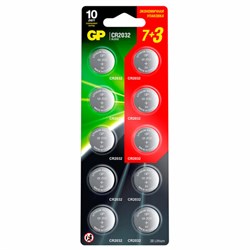 Батарейки литиевые GP Lithium CR2032 "таблетки, дисковые, кнопочные" КОМПЛЕКТ 10 шт. (ПРОМО 7+3), CR2032-7/3 - фото 13695222