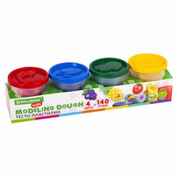 Пластилин-тесто для лепки BRAUBERG KIDS, 4 цвета, 560 г, яркие классические цвета, крышки-штампики, 106715 - фото 13742787