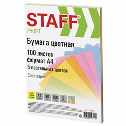 Бумага цветная STAFF, А4, 80 г/м2, 100 л., (5 цветов х 20 л.), пастель, для офиса и дома, 110889 - фото 13742880