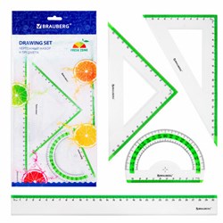 Набор чертежный большой BRAUBERG "FRESH ZONE" (линейка 30 см, 2 треугольника, транспортир) с салатовой шкалой, 210764 - фото 13743979