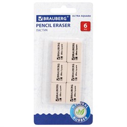 Ластики BRAUBERG "Ultra Square" 6 шт., размер ластика 29х18х8 мм, белые, натуральный каучук, 229603 - фото 13744270