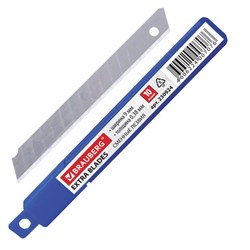 Лезвия для ножей 9 мм BRAUBERG, КОМПЛЕКТ 10 шт., толщина лезвия 0,38 мм, в пластиковом пенале, 230924 - фото 13744299