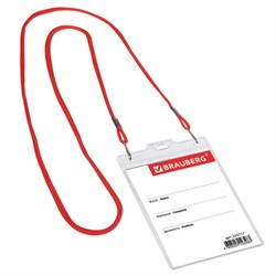 Бейдж вертикальный БОЛЬШОЙ (120х90 мм), на красном шнурке 45 см, 2 карабина, BRAUBERG, 235717 - фото 13744377