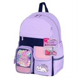 Рюкзак BRAUBERG PASTEL с термонашивками в комплекте, "Lazy cat", сиреневый, 40х29х14 см, 271422 - фото 13744765