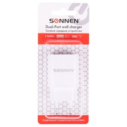 Зарядное устройство быстрое сетевое (220 В) SONNEN, USB QC 3.0 + Type-C PD 20 Вт, 3 А, белое, 455505 - фото 13747291