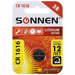 Батарейка литиевая SONNEN Lithium CR1616 "таблетка, дисковая, кнопочная" 1 шт., блистер, 455598 - фото 13747319