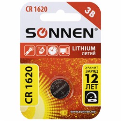 Батарейка литиевая SONNEN Lithium CR1620 "таблетка, дисковая, кнопочная" 1 шт., блистер, 455599 - фото 13747320