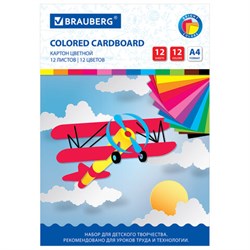 Картон цветной А4 немелованный, 12 листов 12 цветов, в папке, BRAUBERG, 200х290 мм, "Самолет", 113556 - фото 13764173