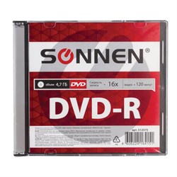 Диск DVD-R SONNEN, 4,7 Gb, 16x, Slim Case (1 штука), 512575 - фото 14927582
