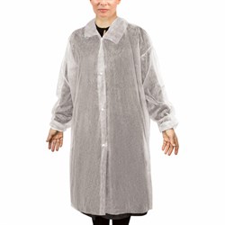 Халат одноразовый белый на кнопках КОМПЛЕКТ 10 шт., XL, 52-54 размер, 110 см, рукав на резинке, 30 г/м2, ОПТИТРЕЙД - фото 14936097