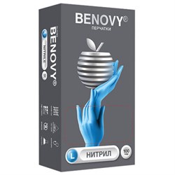 Перчатки нитриловые смотровые 100 пар (200 штук), размер 8-9, L (большой), голубые, BENOVY Nitrile Chlorinated, К - фото 14984141