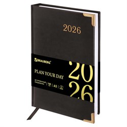 Ежедневник датированный 2026, А5, 138x213 мм, BRAUBERG "Senator", под кожу, черный, 117094 - фото 14988558