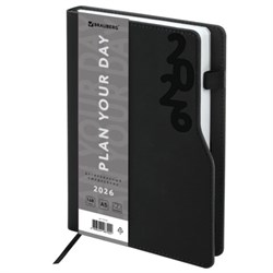 Ежедневник датированный 2026, А5, 150x213 мм, BRAUBERG "Up", под кожу, софт-тач, держатель для ручки, черный, 117116 - фото 14988580