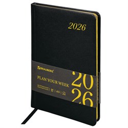 Еженедельник датированный 2026, А5, 145х215 мм, BRAUBERG "Iguana", под кожу, черный, 117171 - фото 14988616
